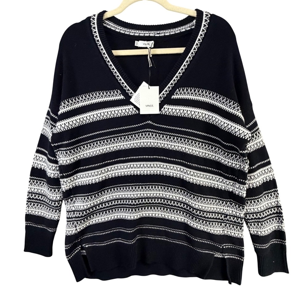 Vince Sweater Women S Black White Textured Stripe Cotton Relaxed Quiet Luxury - Picture 3 of 16